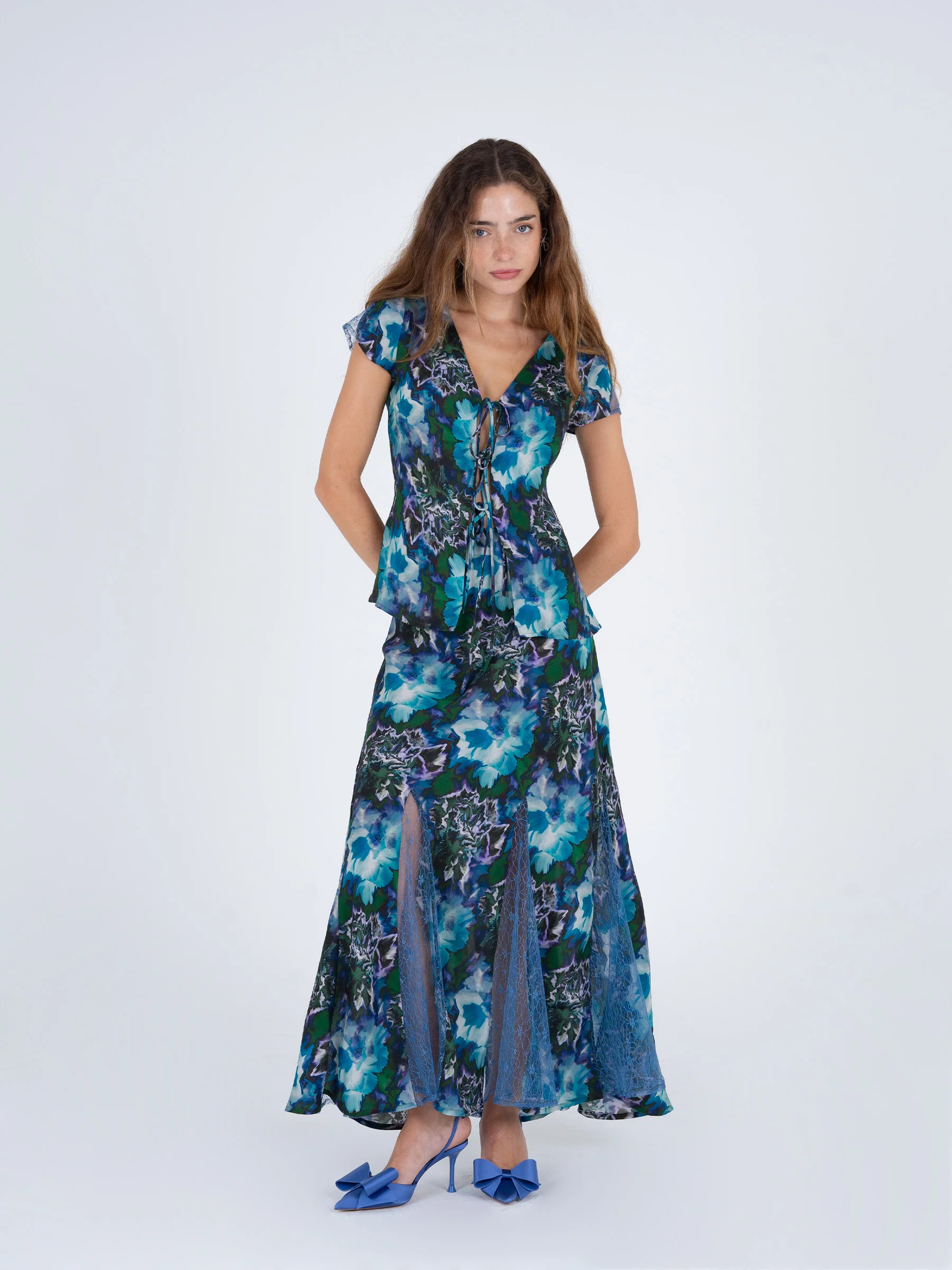 Blue Lotus Flower Print and Lace Top - Image 5