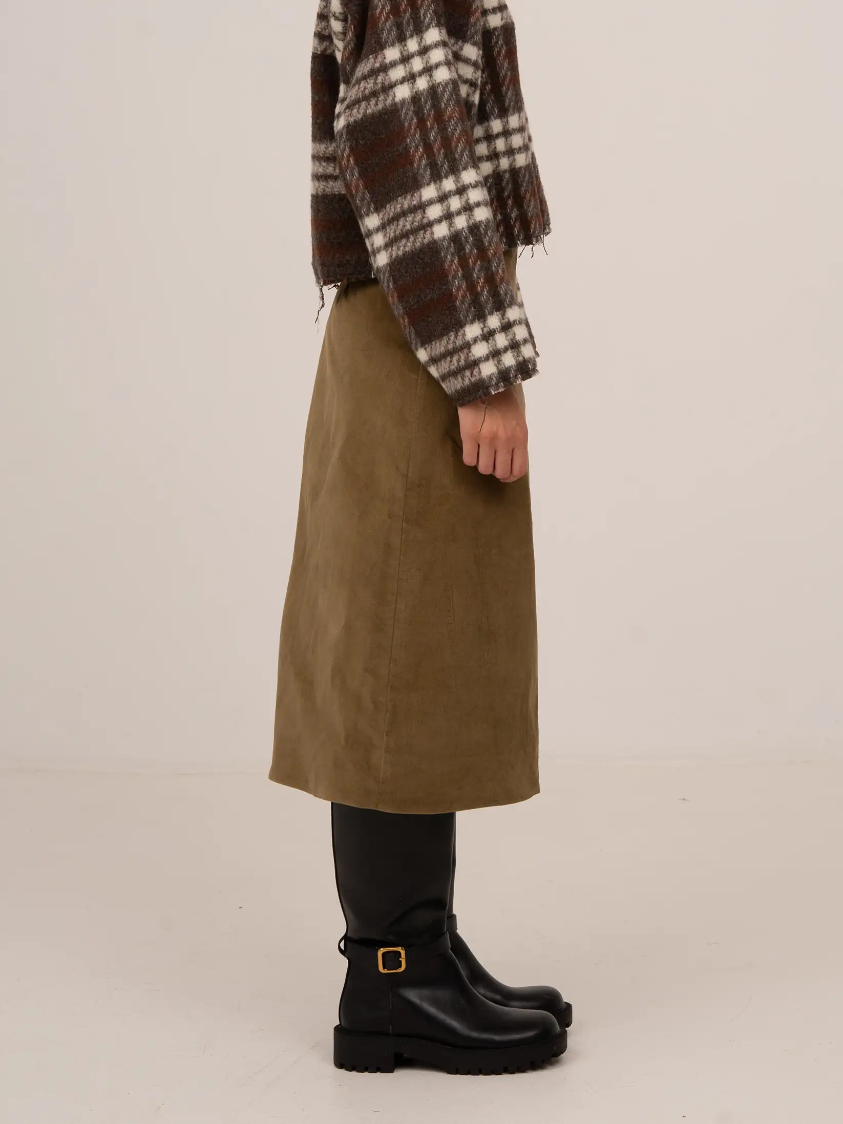 Pace Khaki Velvet Midi Skirt - Image 4