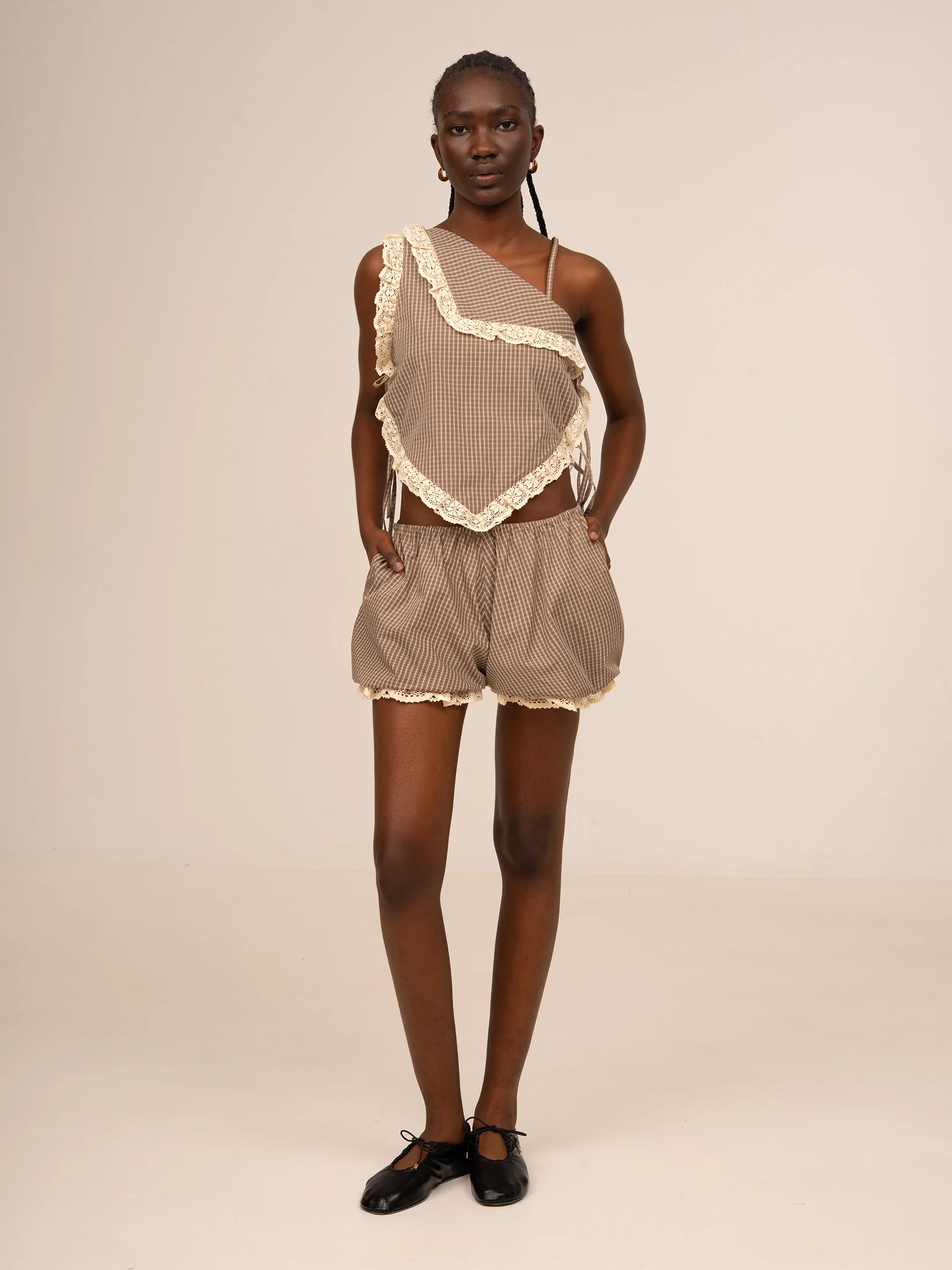 Rove Brown Plaid Balloon Shorts - Image 4